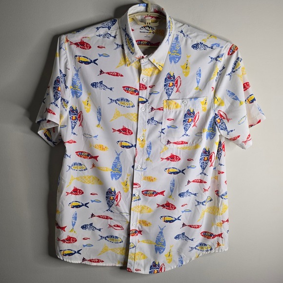Mountain and Isles Fish Print Button Up Short Sleeve Shirt Mens Size L‎ - Picture 1 of 7